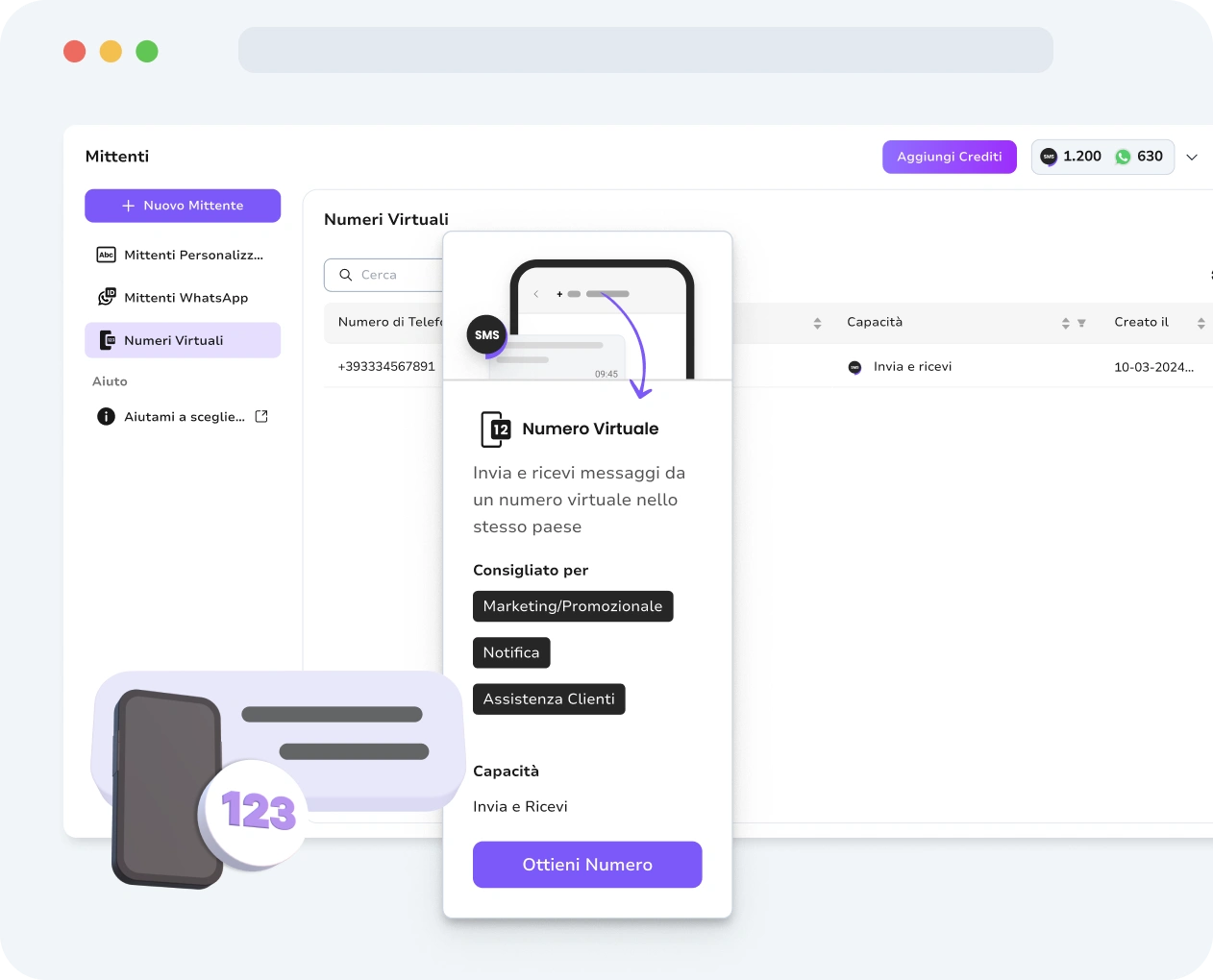 Schermata dell'interfaccia dei numeri virtuali per SMS di TopMessage.