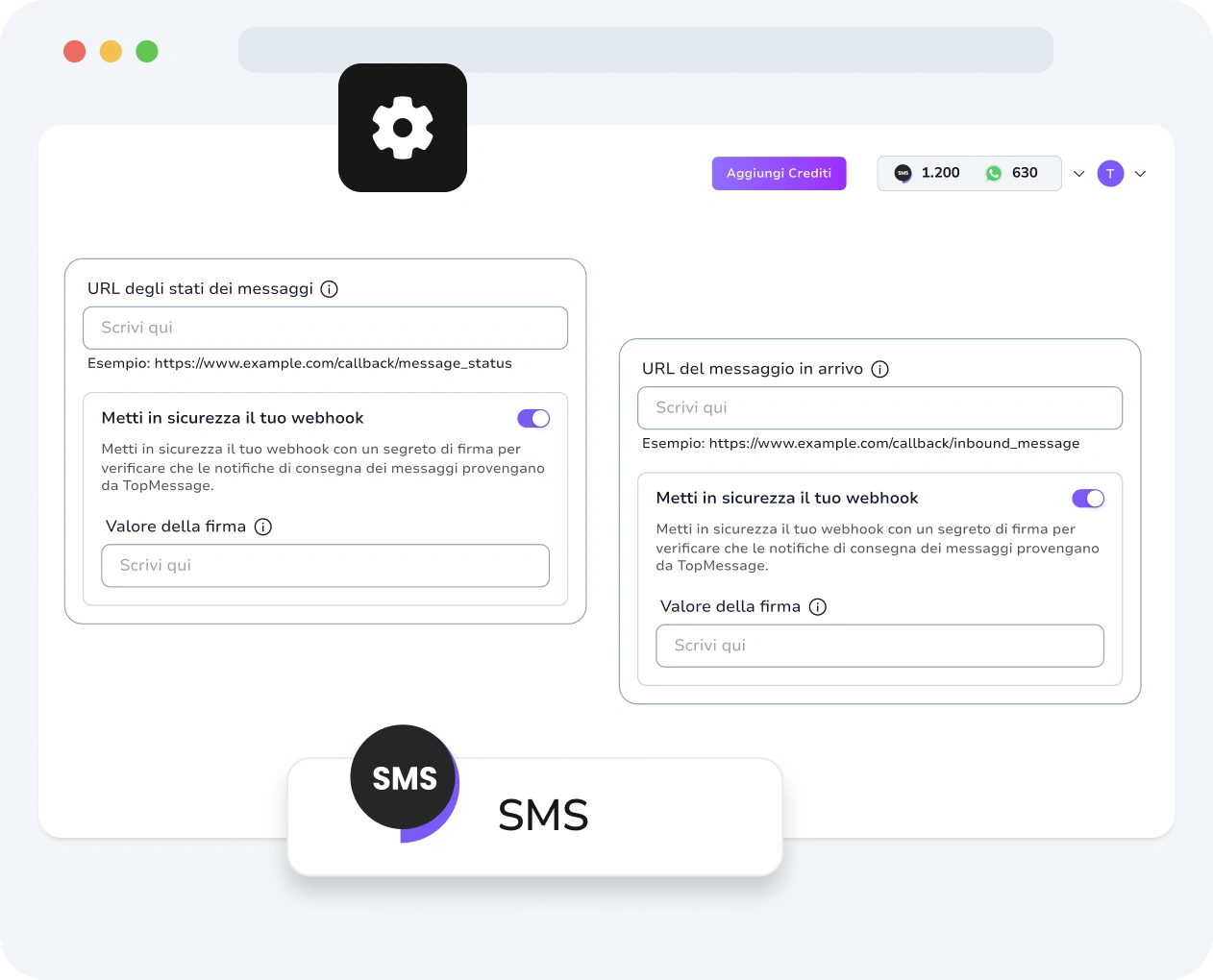 Screenshot dell'interfaccia di TopMessage che mostra la configurazione dei webhook SMS e le metriche di performance.