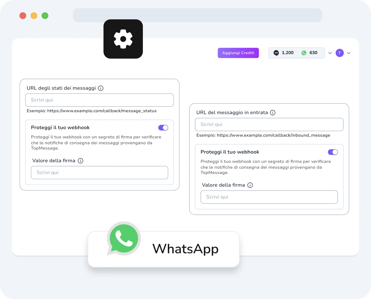 Screenshot dell'interfaccia di TopMessage che mostra la configurazione dei webhook WhatsApp con metriche di personalizzazione e performance.