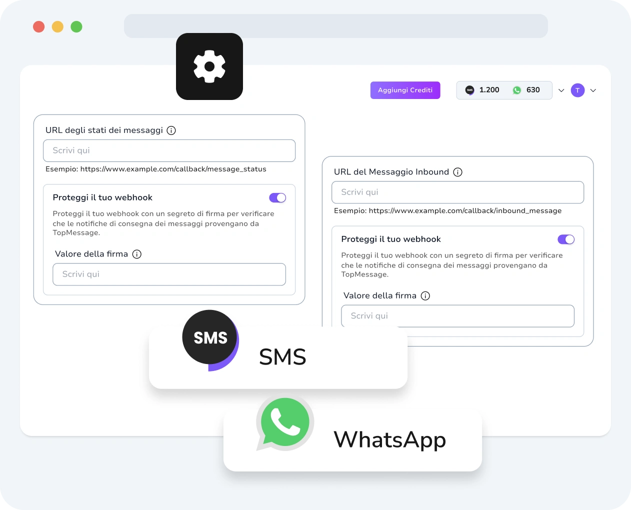 Screenshot dell'interfaccia di TopMessage che mostra la creazione e configurazione dei webhook con metriche di performance.