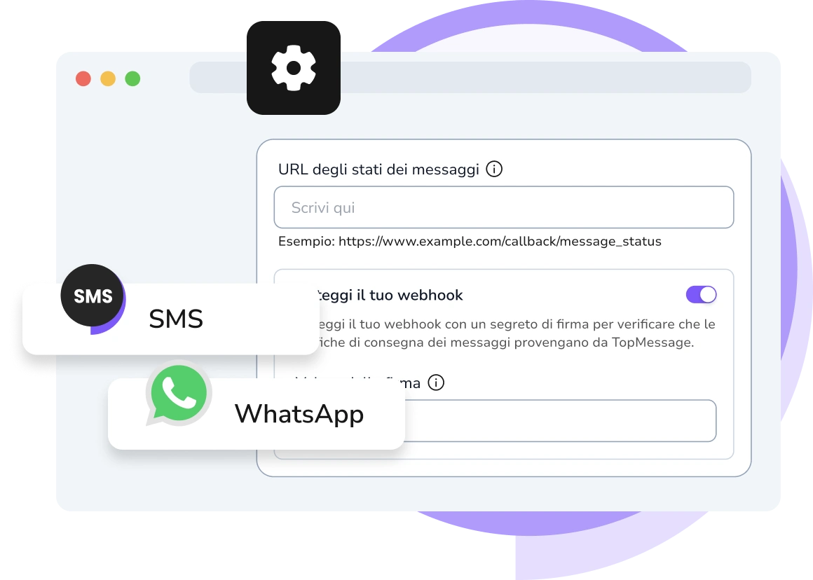 Screenshot della dashboard dei webhook di TopMessage che mostra il monitoraggio degli eventi in tempo reale e le analisi.