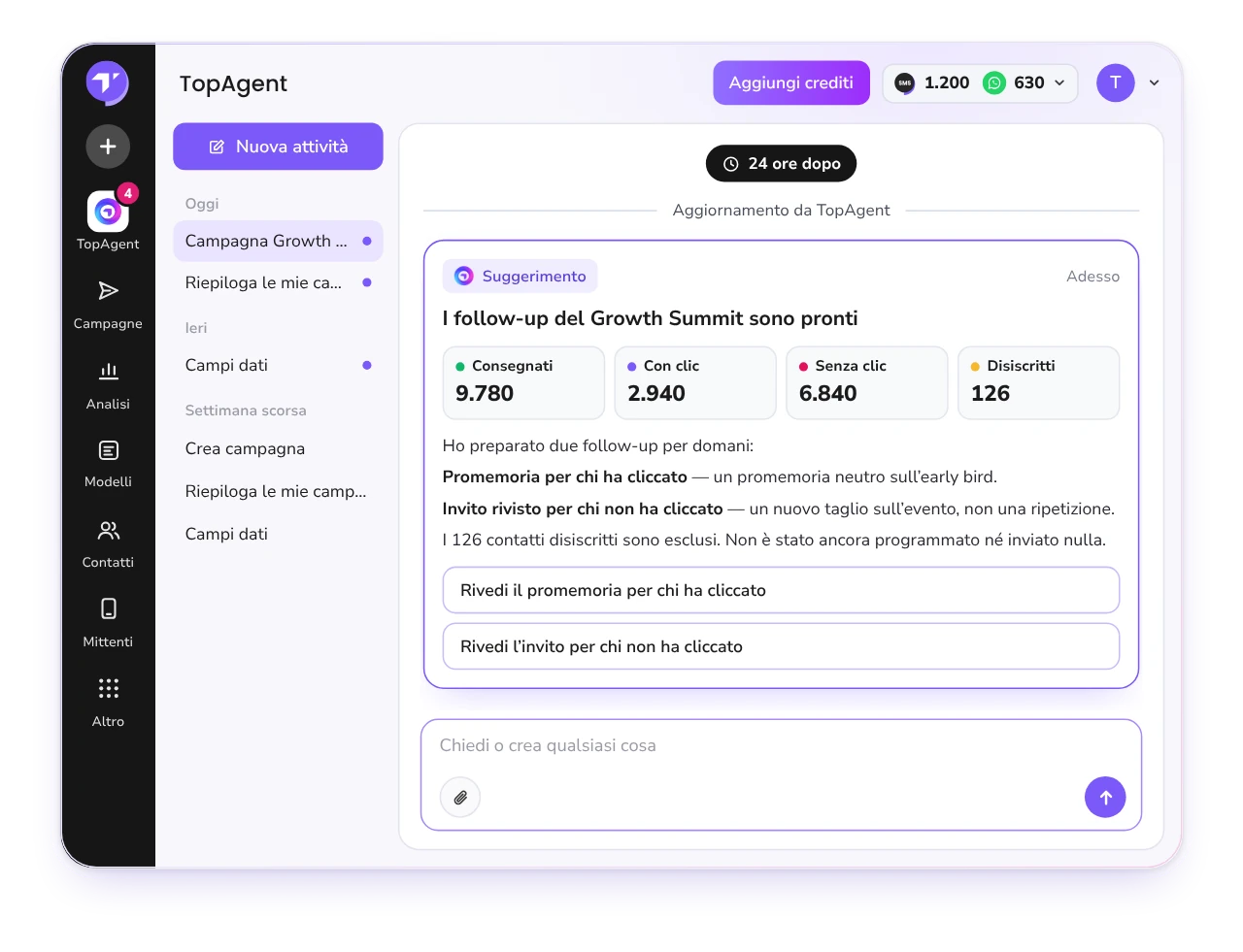 Demo animata di TopAgent che crea una campagna SMS a partire da una singola richiesta