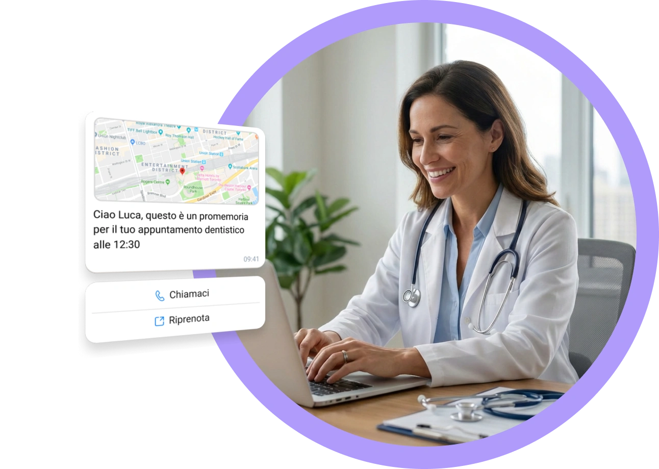 Amministratore ospedaliero che invia un promemoria automatico dell'appuntamento tramite WhatsApp ai pazienti utilizzando TopMessage.