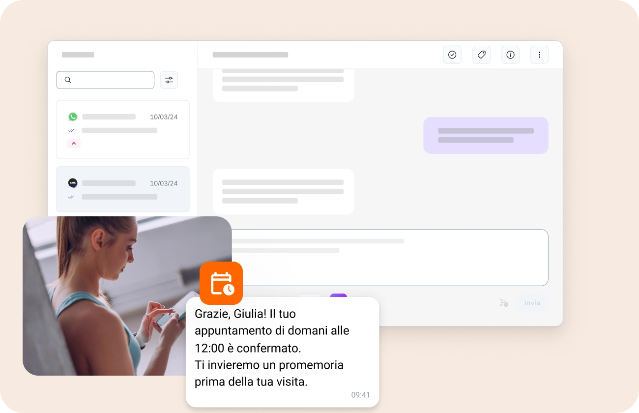 Donna che controlla il suo smartphone, ricevendo un promemoria per un appuntamento medico da TopMessage, con la dashboard sullo sfondo.