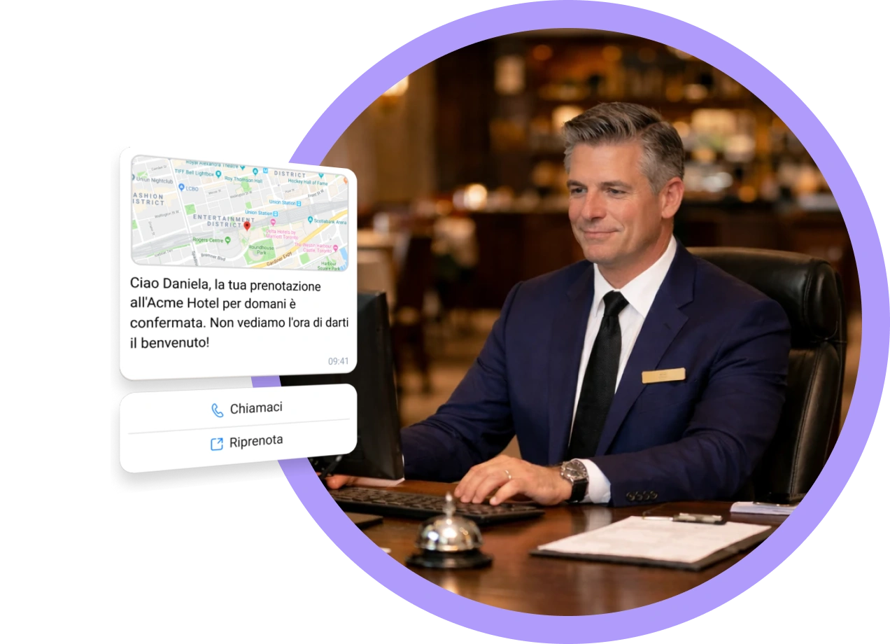 Personale di ristoranti e hotel che gestisce le prenotazioni e i messaggi degli ospiti utilizzando SMS e WhatsApp su una piattaforma digitale