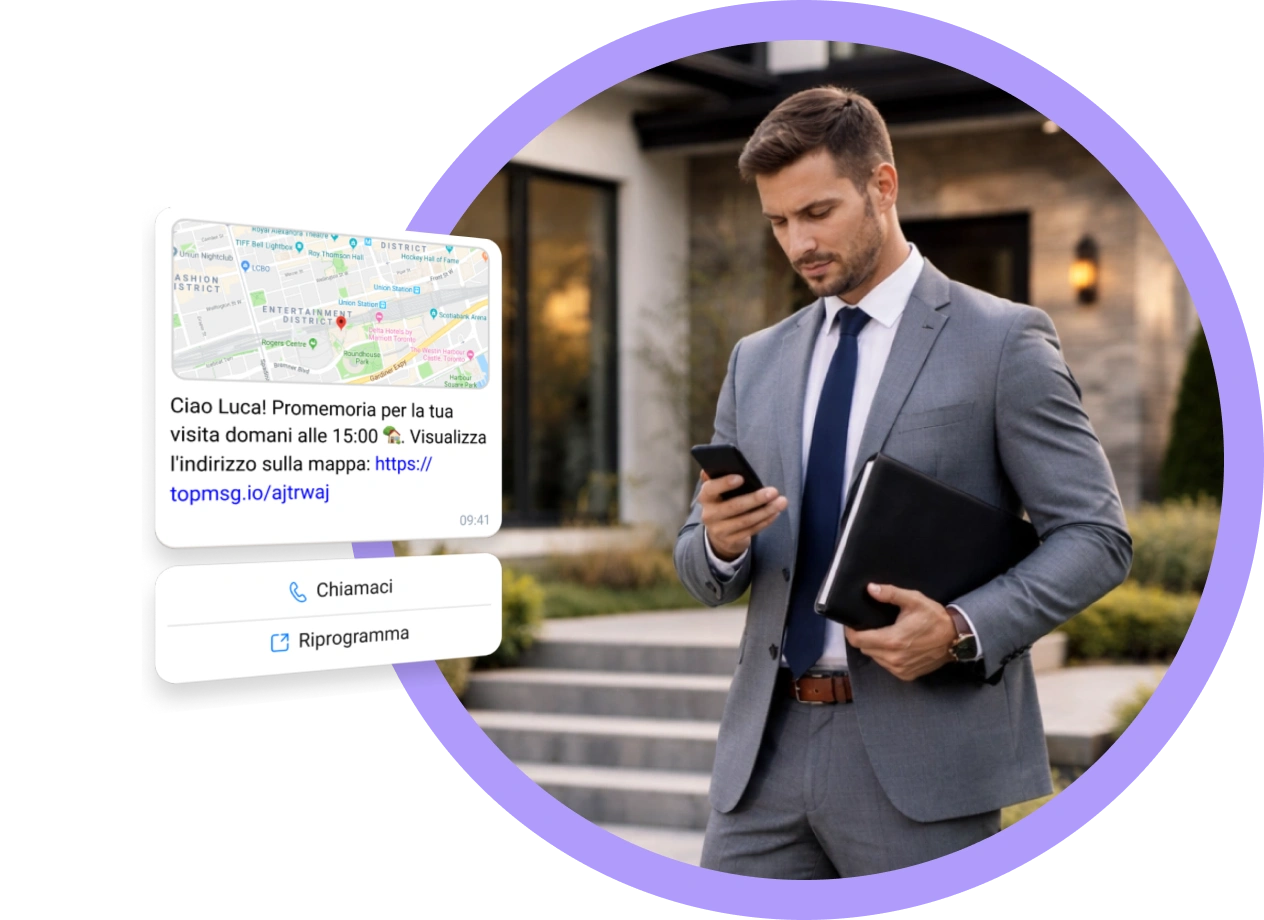 Agenti immobiliari che inviano messaggi SMS e WhatsApp ad acquirenti, venditori e investitori per condividere aggiornamenti sulle proprietà e gestire le comunicazioni