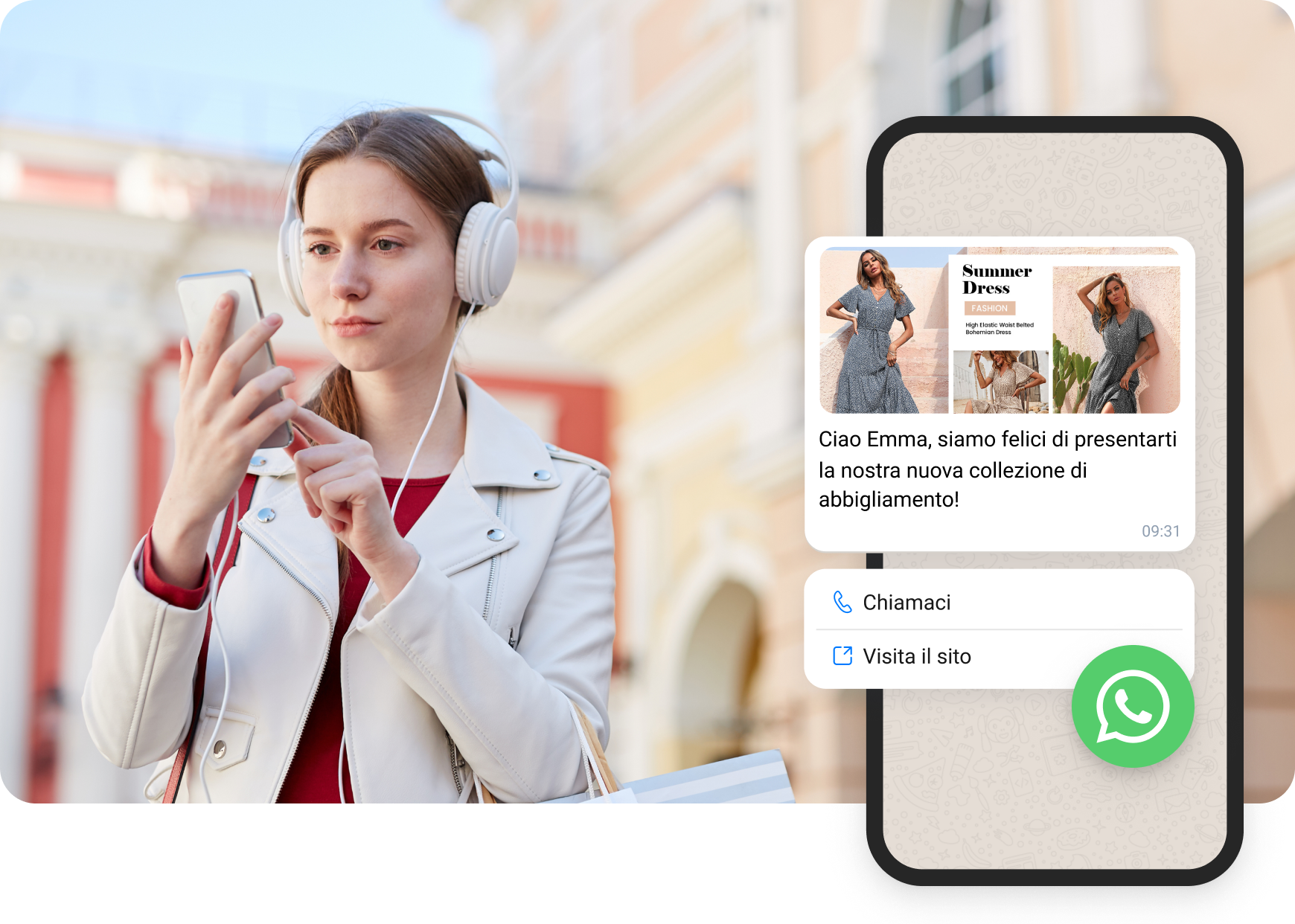 Ragazza con cuffie bianche che legge i messaggi WhatsApp ricevuti dall'e-commerce