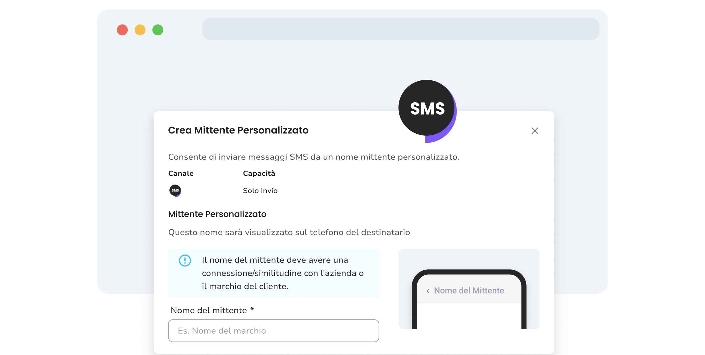 Screenshot della pagina di configurazione del mittente SMS di TopMessage