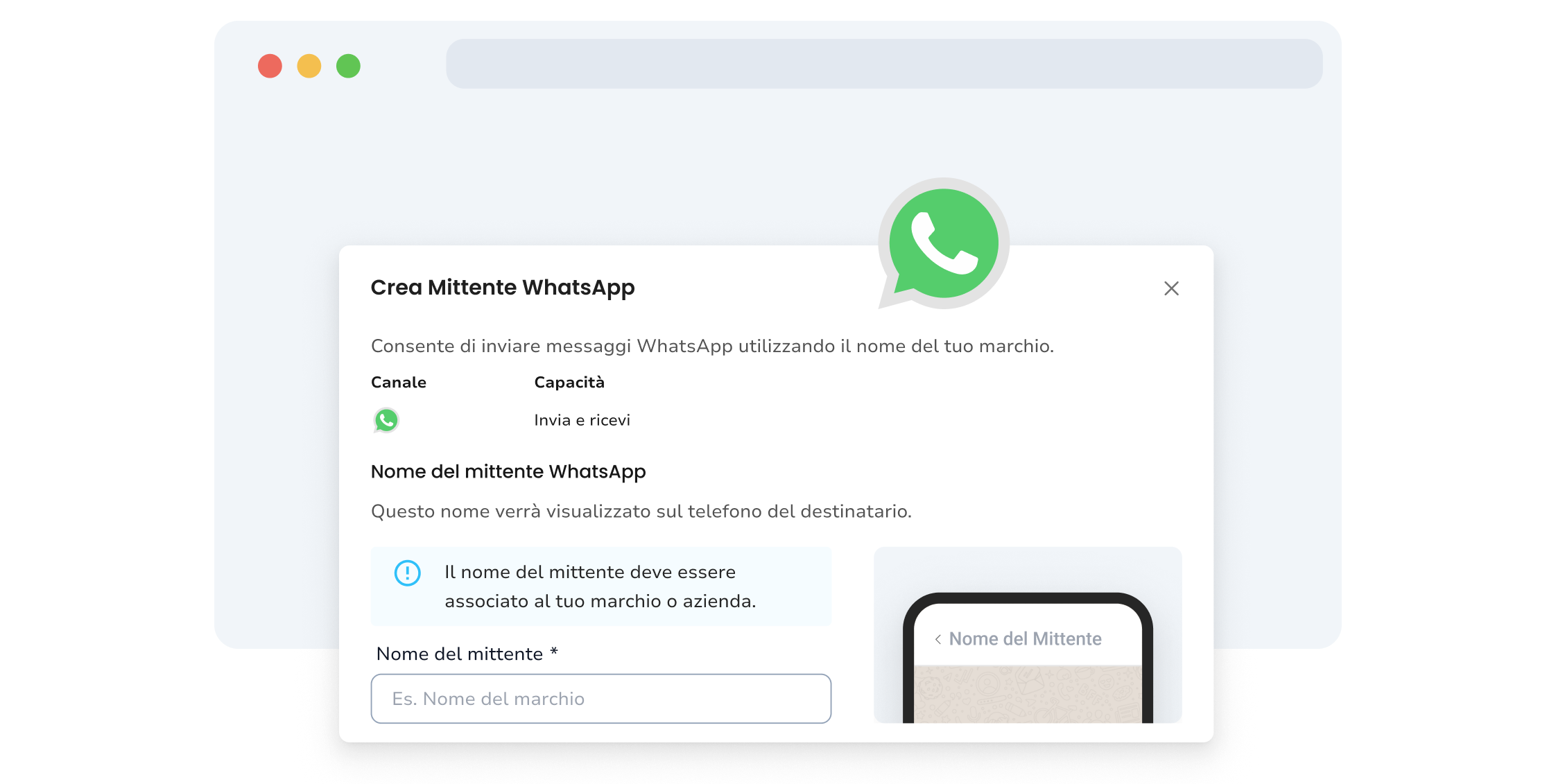 Screenshot della pagina di invio del mittente WhatsApp di TopMessage