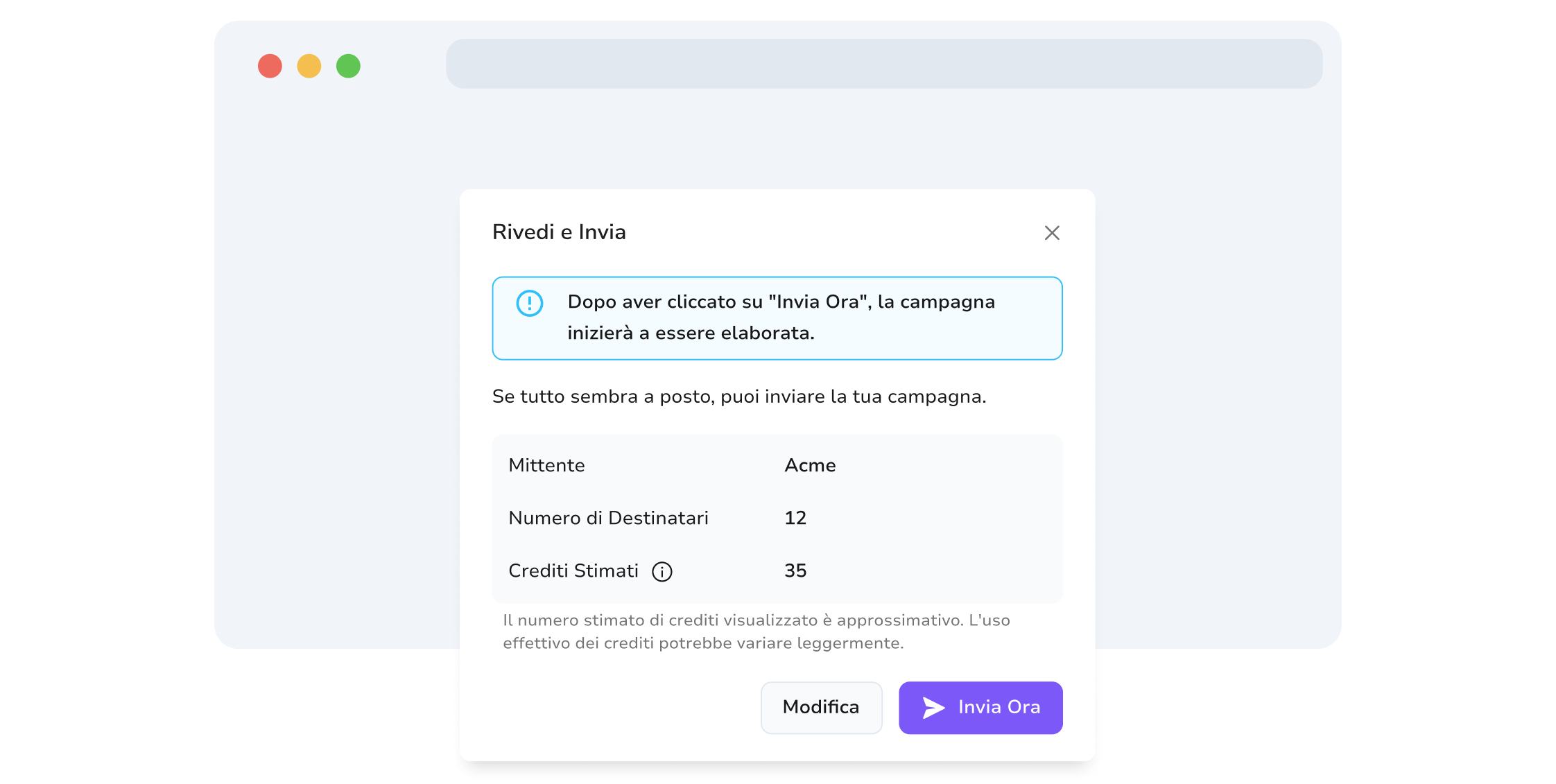 Screenshot della pagina di revisione della campagna di TopMessag