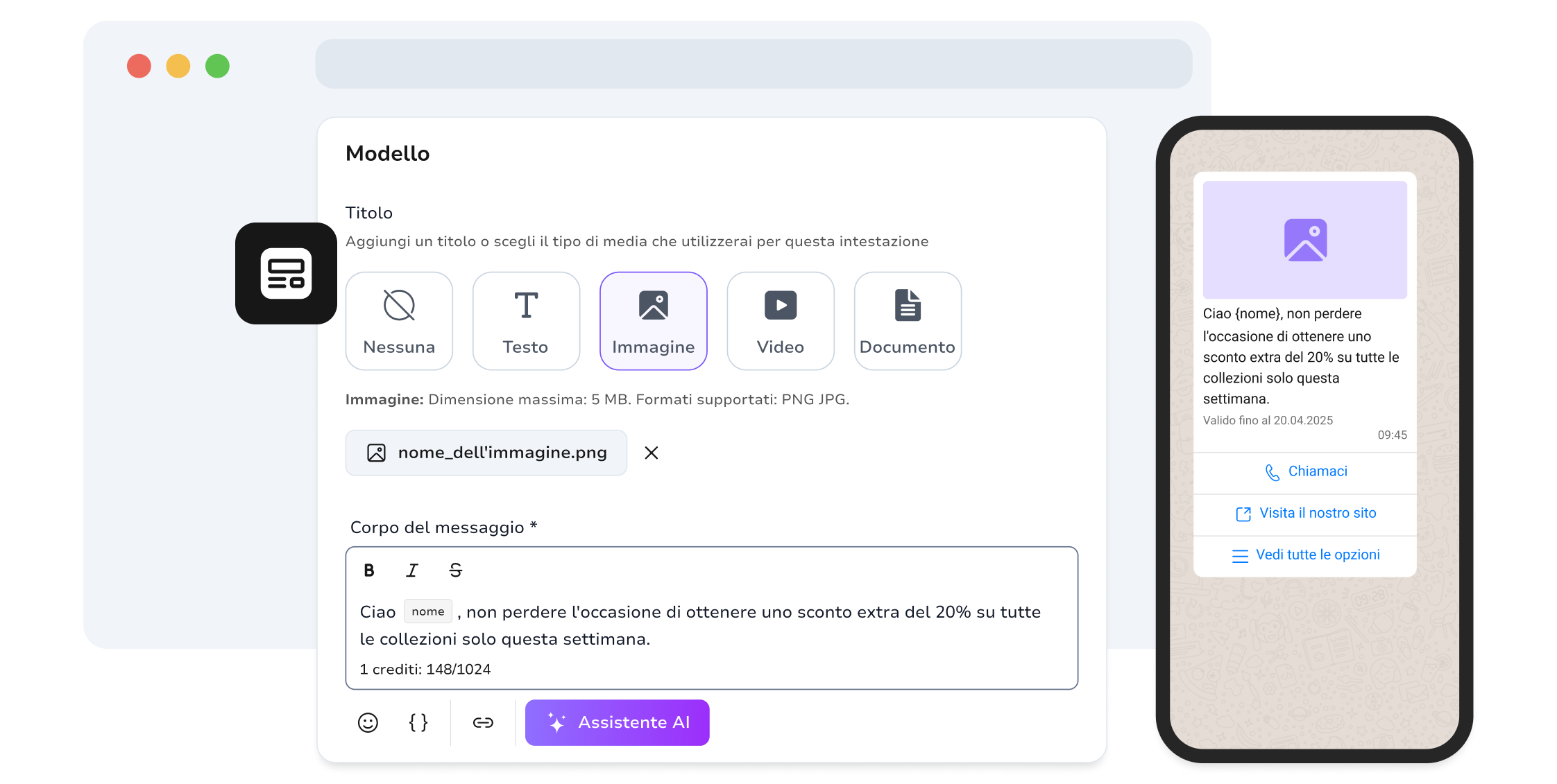 Screenshot della pagina di creazione dei template dinamici WhatsApp di TopMessage