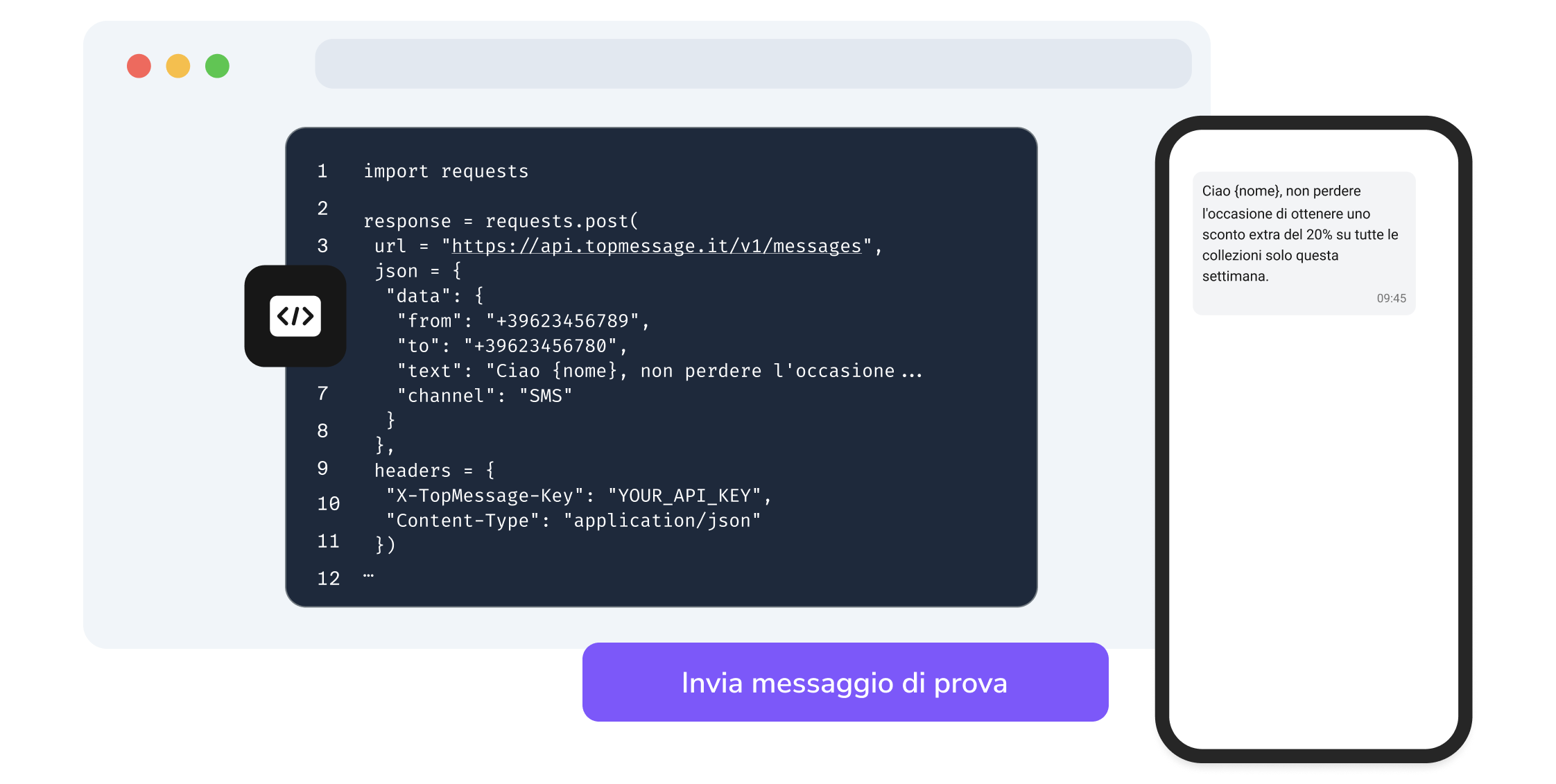 Screenshot della pagina API di TopMessage che mostra la funzione di test del codice SMS
