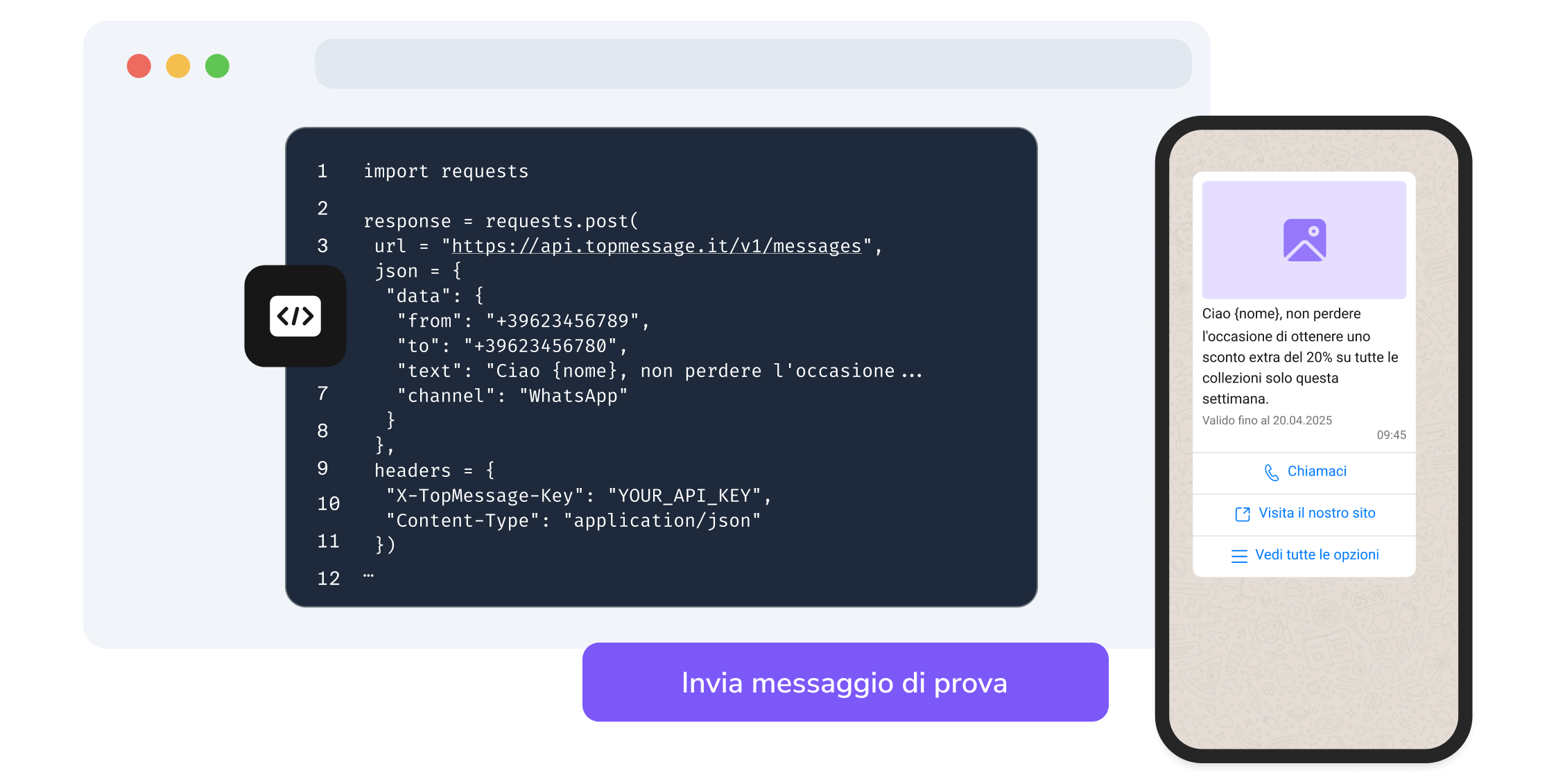 Schermata della pagina API di TopMessage che mostra la funzione di test del codice WhatsApp.