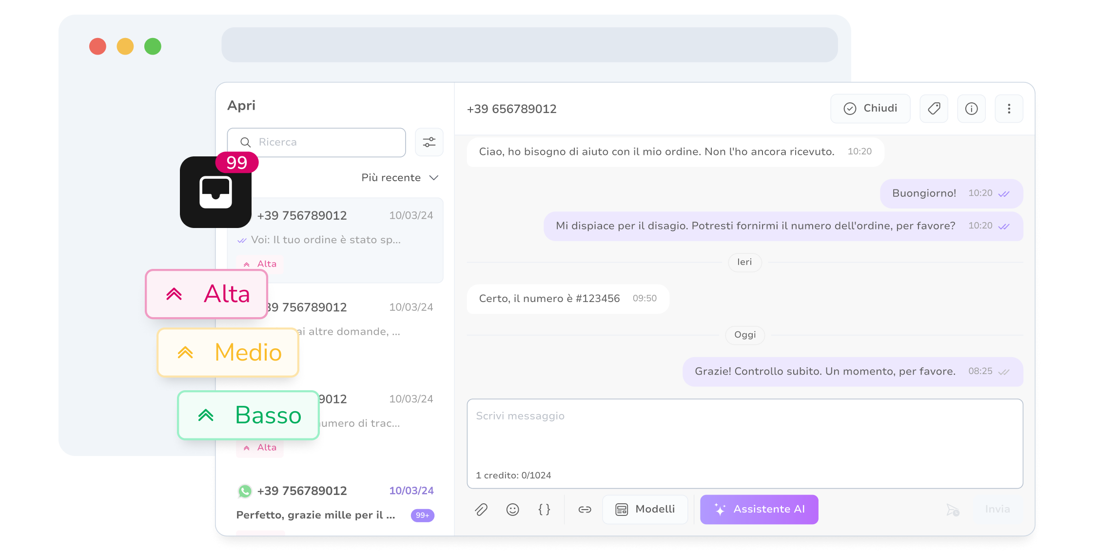 Screenshot della posta in arrivo di messaggistica unificata di TopMessage con priorità di conversazione