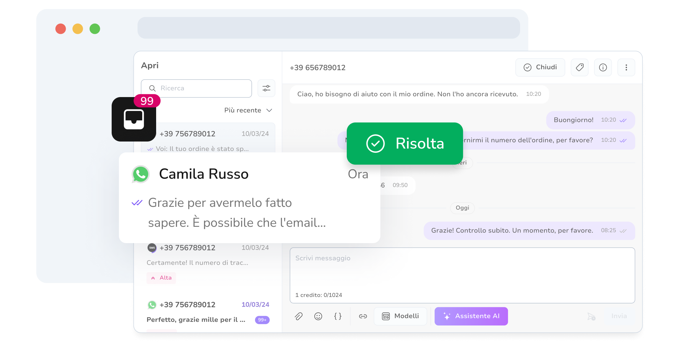 Screenshot della casella di posta unificata di messaggistica di TopMessage con le conversazioni WhatsApp risolte