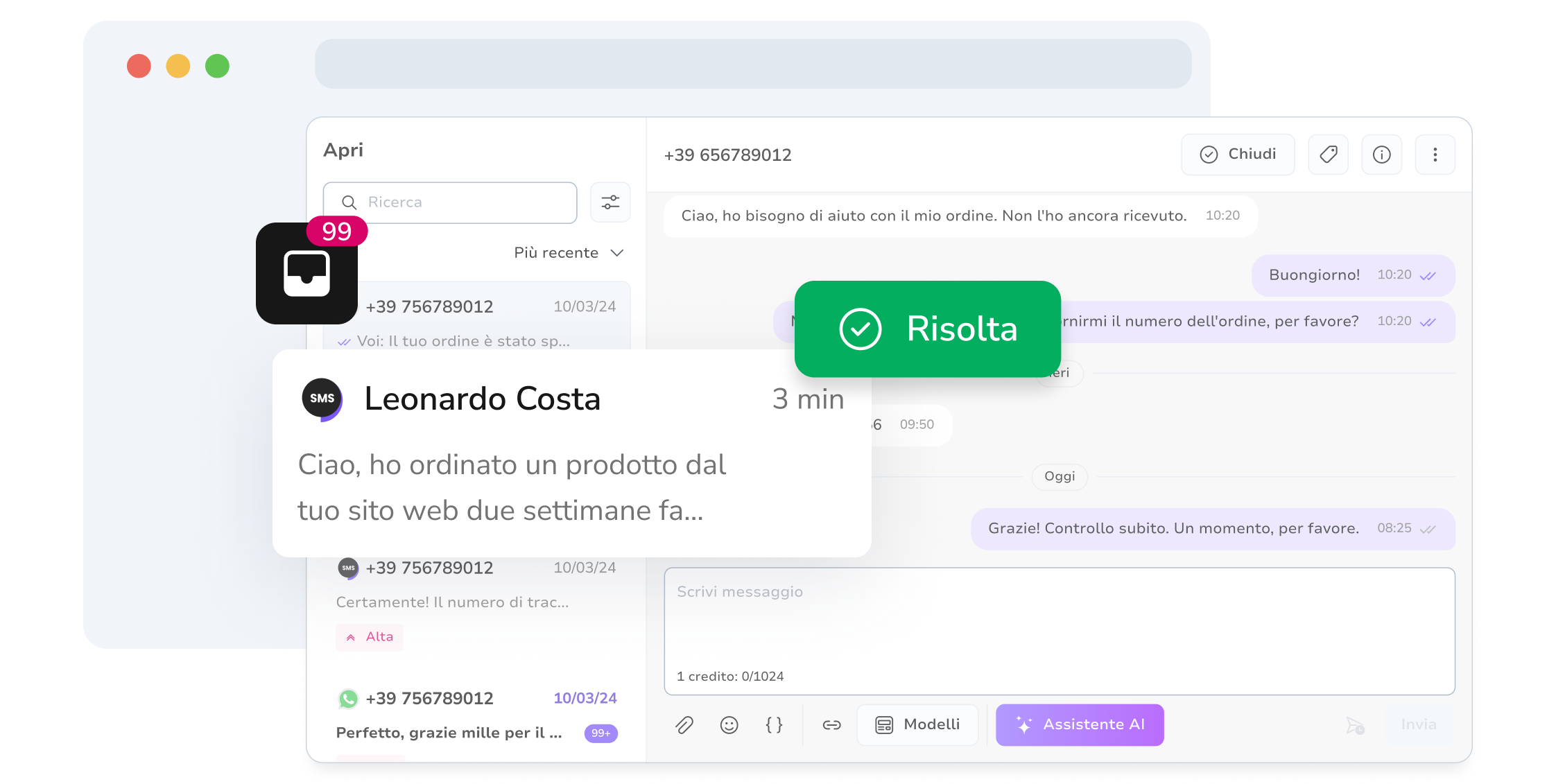 Screenshot della posta in arrivo di messaggistica unificata di TopMessage con conversazioni SMS risolte