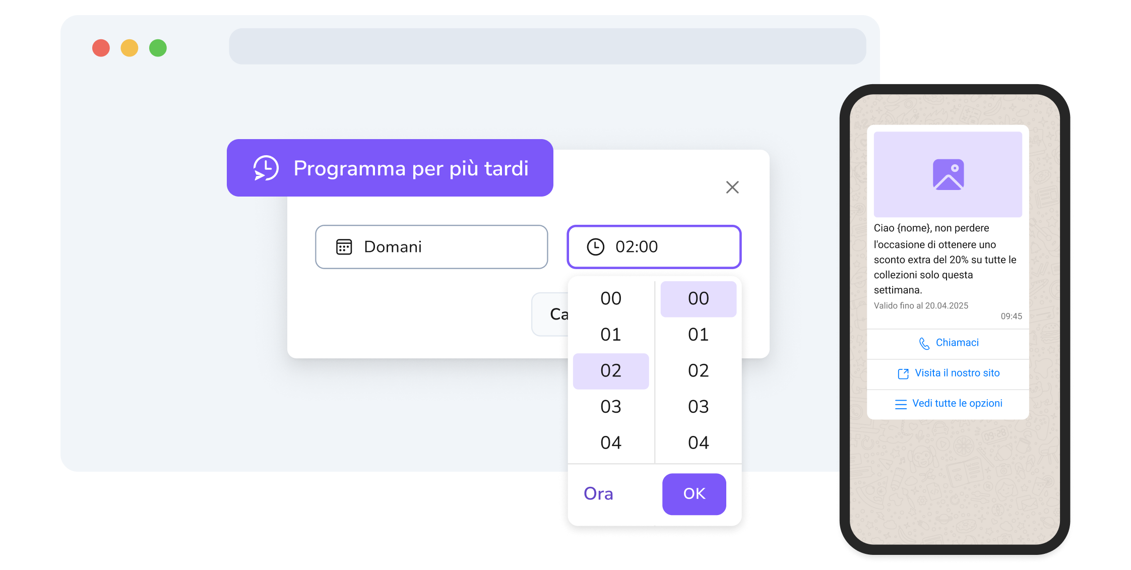Screenshot della pagina della campagna WhatsApp di TopMessage con funzione di pianificazione