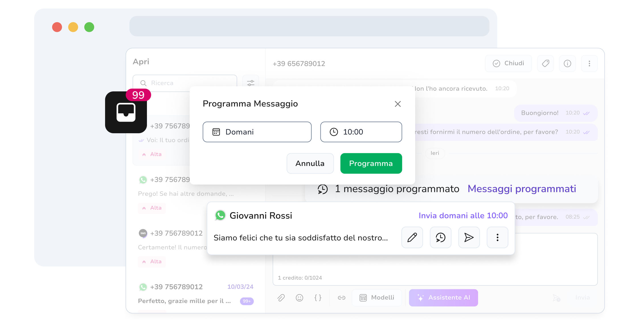 Screenshot della pagina della posta in arrivo WhatsApp di TopMessage con funzione di pianificazione