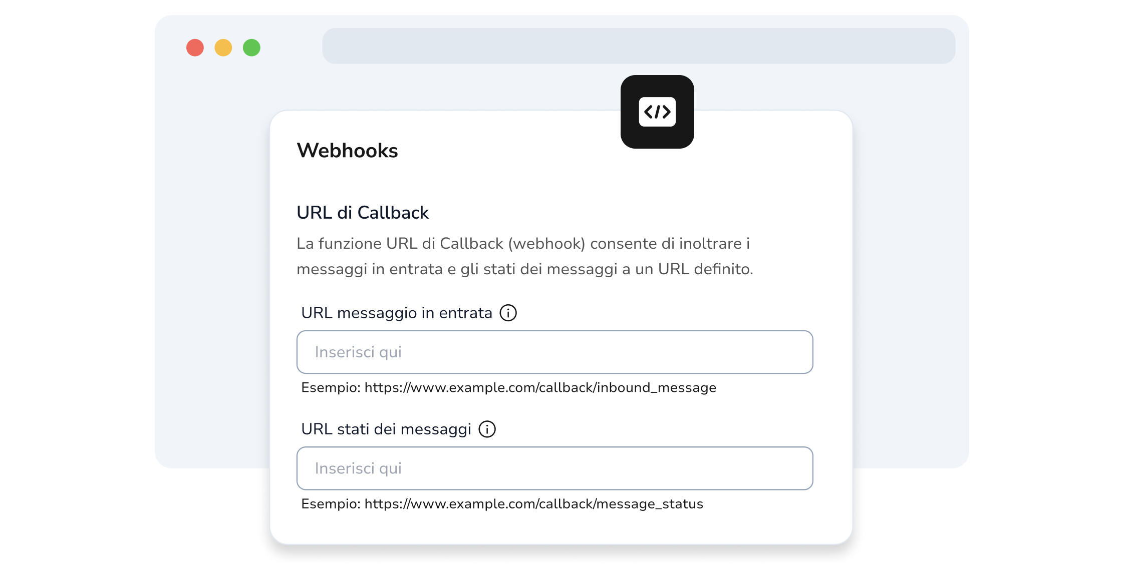 Screenshot della pagina API di TopMessage che mostra i campi di configurazione del webhook