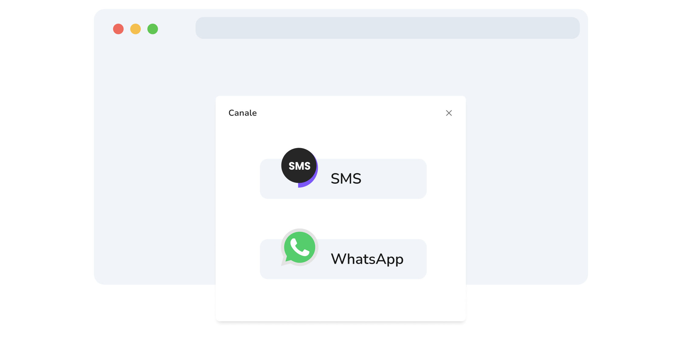 Screenshot della pagina di selezione dei canali WhatsApp e SMS di TopMessage