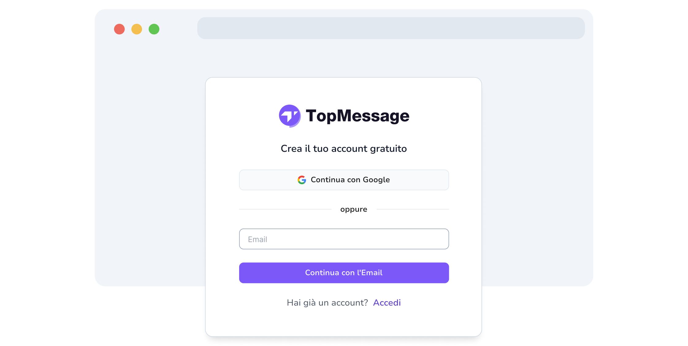 Screenshot della pagina di registrazione di TopMessage